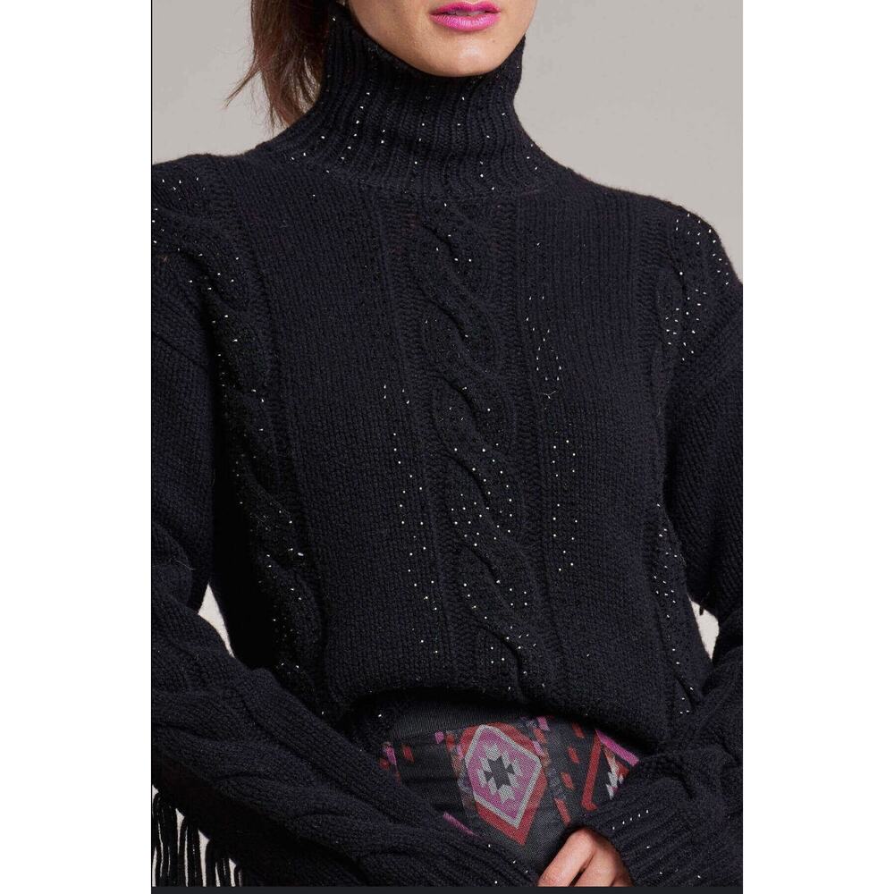 Maison Common Embellished Cable Knit Sweater Womens XS Black Mock Neck Fringe